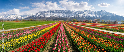 Vibrant tulip fields in Kashmir with snow-capped mountains and Dal Lake in background