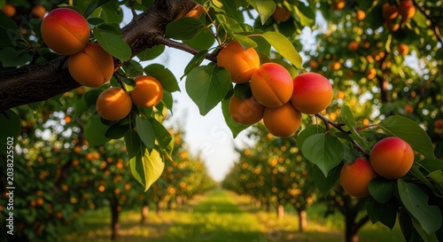 Ripe Apricots Hanging on a Branch in an Orchard During Golden Hour.