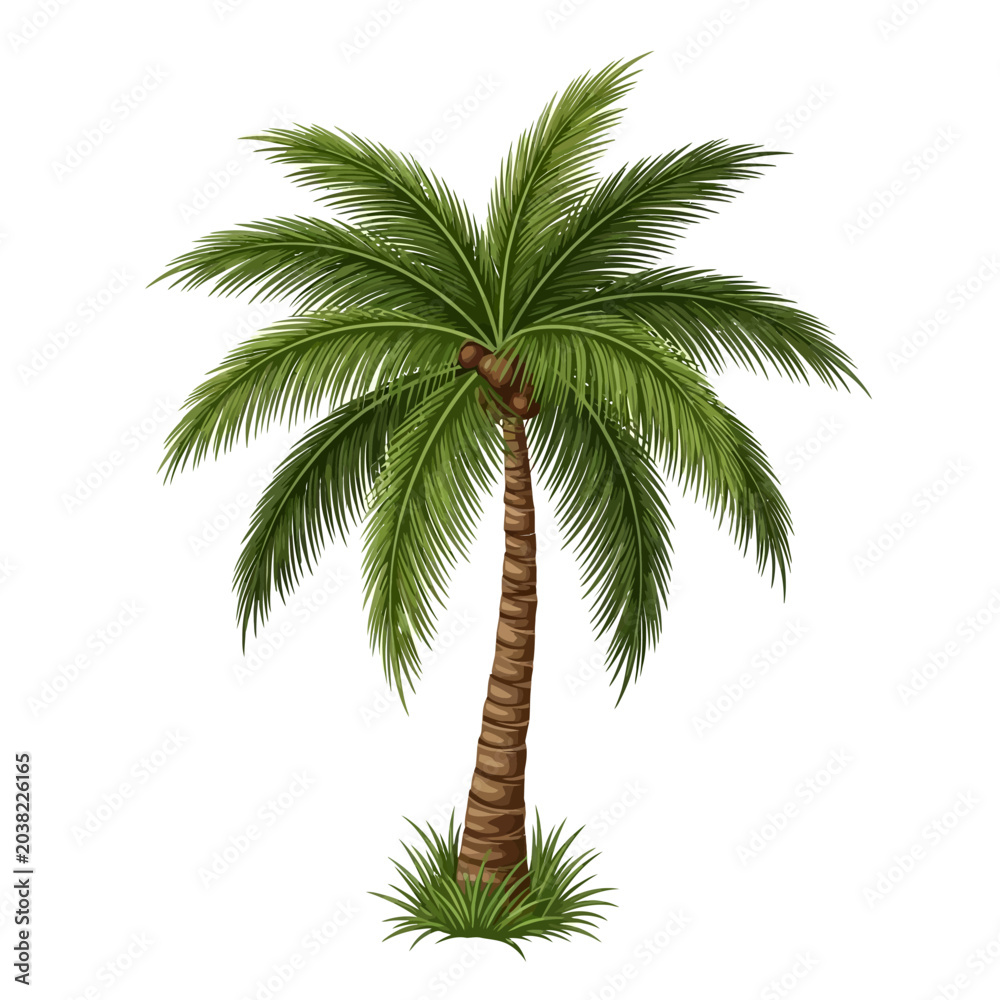 Fototapeta premium Isolated palm tree illustration with green fronds and brown trunk on white