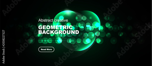Dark backdrop features vibrant green geometric shapes, circles, text. Button invites further exploration. Modern design elements present.