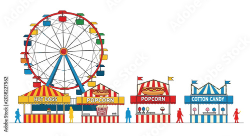 Tableau sur toile Carnival Fun: Ferris Wheel, Food Stalls, and Happy Visitors at Amusement Park