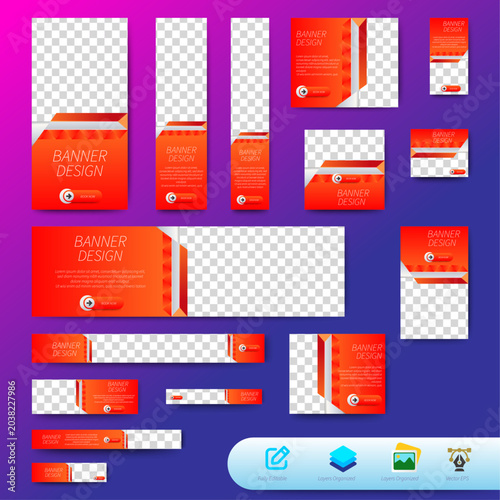 Modern Banner design web template set. Set Horizontal, vertical, square business background design. Orange Banner. vector