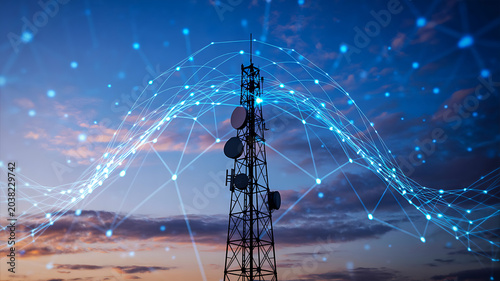 Telecommunication tower with digital network connectivity concept