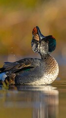 A duck swimming on calm water with a blurred background