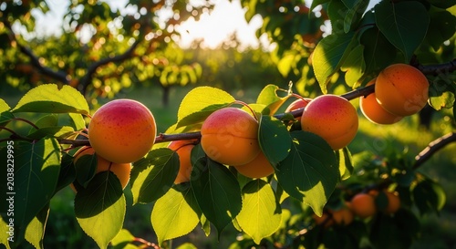 Ripe apricots hanging on a tree branch in a sunny orchard.