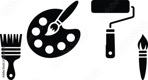 Quadro su tela Painting and drawing equipment graphic element collection isolated on white background containing decorator roller fine art brushes and color palette icons