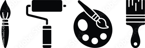 Fotografie Painting and drawing equipment graphic element collection isolated on white background containing decorator roller fine art brushes and color palette icons