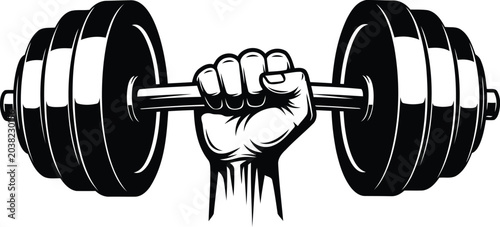 Fotografía Hand holding heavy dumbbell for gym fitness workout logo emblem vector