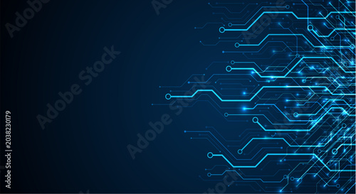 Obraz na płótnie Glowing blue circuit board design on dark background with copious empty space fo