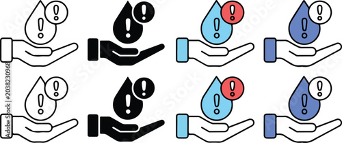 Foto Water crisis vector icon set with hand holding water drop and exclamation mark symbol for scarcity conservation and environmental saving concept