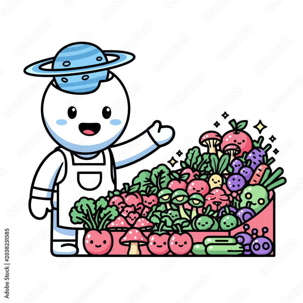 Fototapeta premium Cute Astronaut Character with Planet Hat Presenting a Box of Fresh and Whimsical Produce.