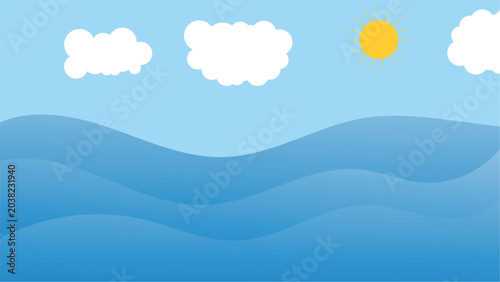 Abstract Ocean Waves Background with Sun and Clouds