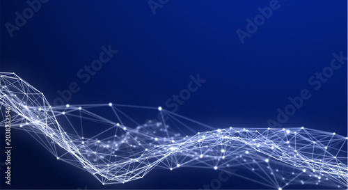 Futuristic network connections wave on dark blue background with white glowing lines and dots