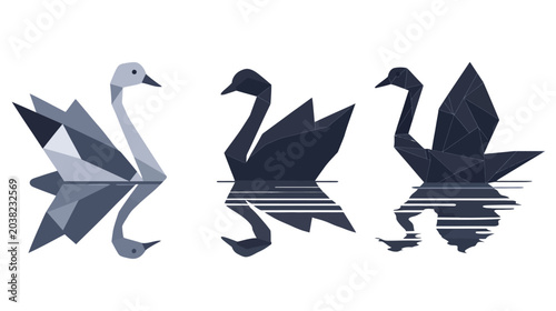 Three geometric swans on water with reflections, monochromatic blues. Abstract design for art or decor