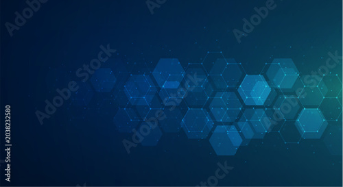 Futuristic blue hexagonal network pattern with glowing connections on dark background for technology and innovation concepts
