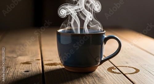 Coffee cup rests on a rustic wooden table with rising steam.