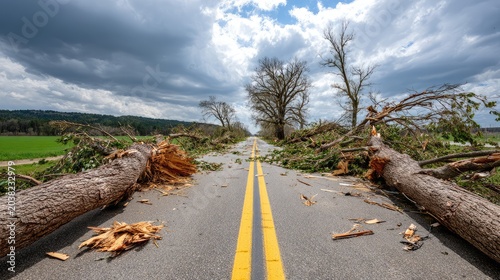 Devastation from Severe Storms: Fallen Trees Block Roadway Amidst Dark Clouds and Natural Landscape After Extreme Weather Events