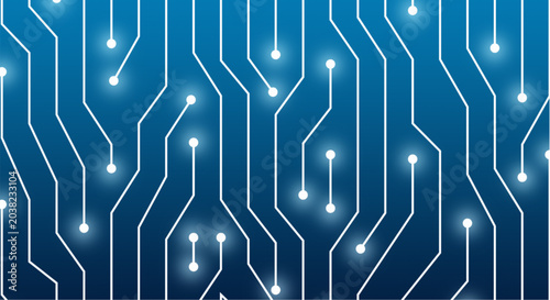 Glowing white circuit board lines on blue background technology and innovation concept