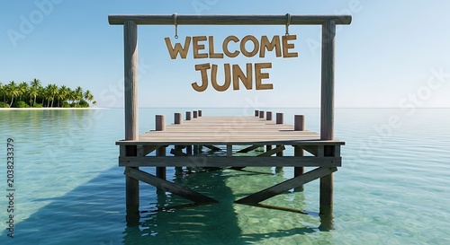 Welcome June wooden sign on lake dock with clear sky.