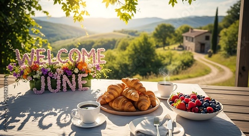 Welcome sign with fresh fruit and coffee on patio table outdoors.