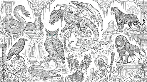 Photography Mythical creatures and wild animals coloring page vector, fantasy dragon and for