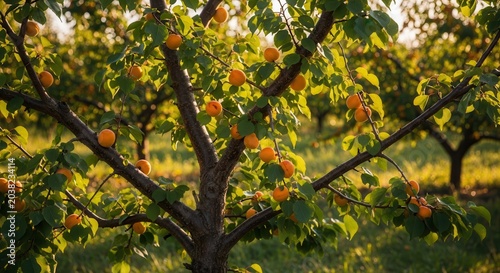 Ripe Apricots Hanging on a Tree Branch in an Orchard During Golden Hour.