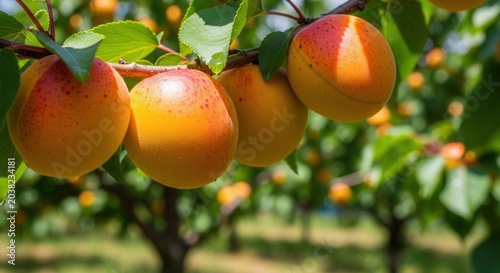 Ripe Apricots Hanging on a Tree Branch in an Orchard on a Sunny Day.