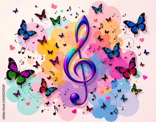 Iridescent Treble Clef with Butterflies Dreamy Watercolor Scene