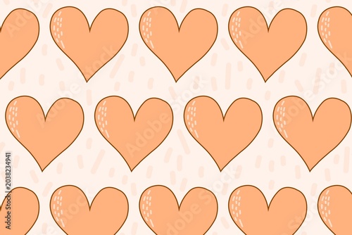 Collection of orange paper hearts arranged in diagonal pattern on white background
