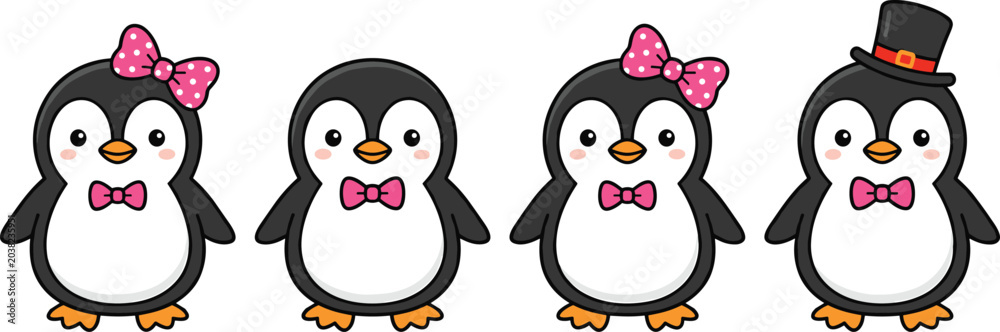 Fototapeta premium Cute Cartoon Penguin Family Vector Character Set with Pink Polka Dot Bows and Black Top Hat for Christmas Winter Holiday Cards and Nursery Decor Designs