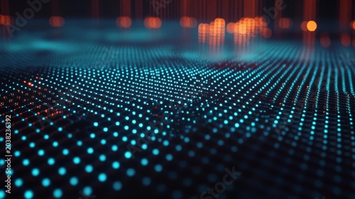 Futuristic abstract digital technology grid background with glowing blue data points and orange light rays in 3d motion rendering.