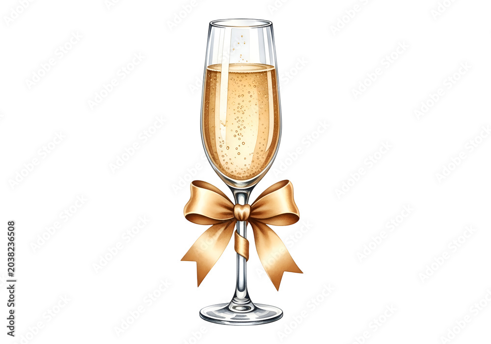 Obraz premium Elegant champagne toast celebration with golden bow in bright studio lighting on white background , Isolated on Transparent Background, PNG, Generative AI