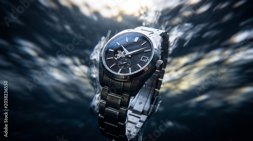 Luxury stainless steel wristwatch surrounded by dramatic water splashes and motion blur. Elegant timepiece concept representing precision, performance, durability, fashion and premium craftsmanship.