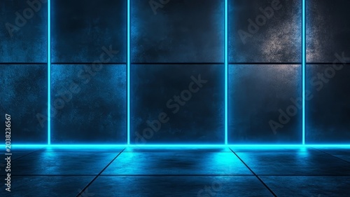 Abstract dark interior background with neon blue light lines and polished concrete surface for modern presentation.