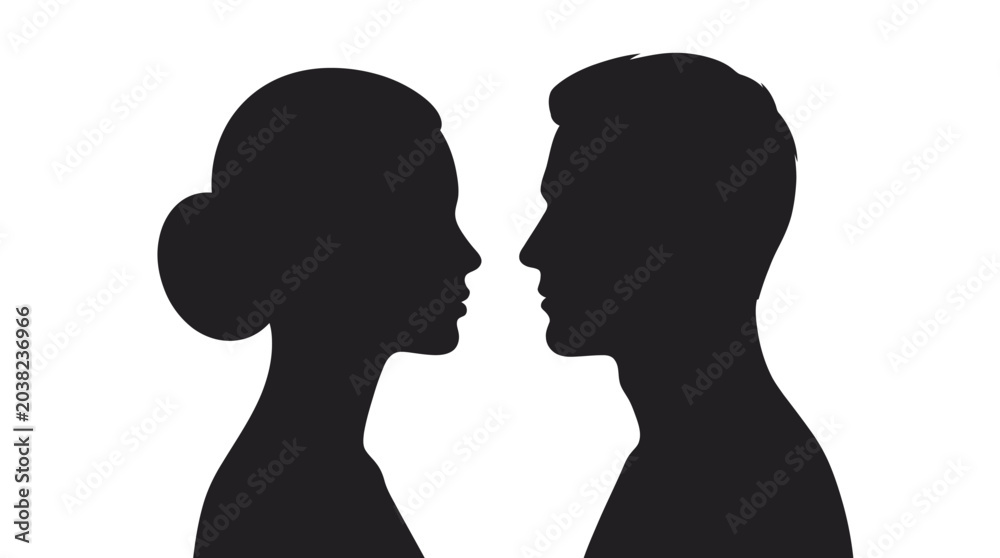 Fototapeta premium Minimalist black vector graphic illustration showing the profile silhouettes of a man and a woman