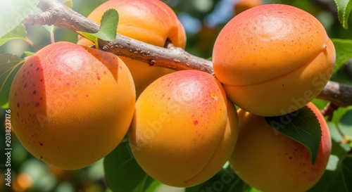 Ripe Apricots Hanging on a Tree Branch in Sunlight.
