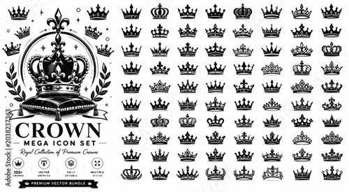 Foto Vintage Royal Crown Mega Icon Set, Premium Black and White Heraldic Vector Colle