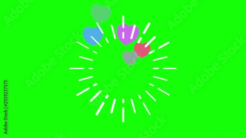 Animated colorful heart shapes bursting and radiating outwards from a central point with white lines on a vibrant green screen background creating a celebratory and joyful