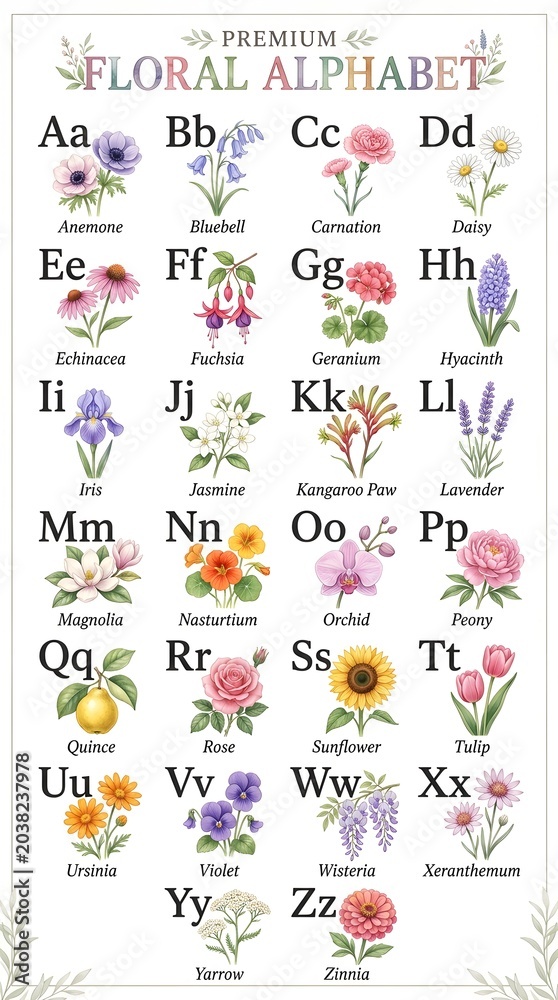Obraz premium Floral alphabet learning chart with botanical of different flowers for every letter from a to z in color