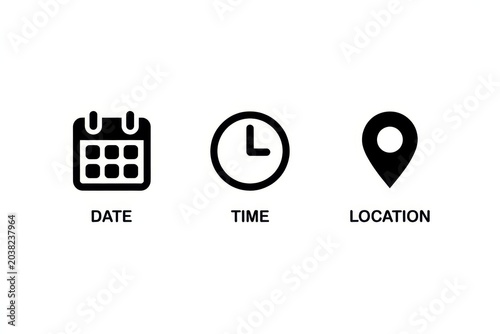 Date, time, and location icons isolated on white background