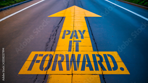 Pay it forward message painted on road with directional arrow