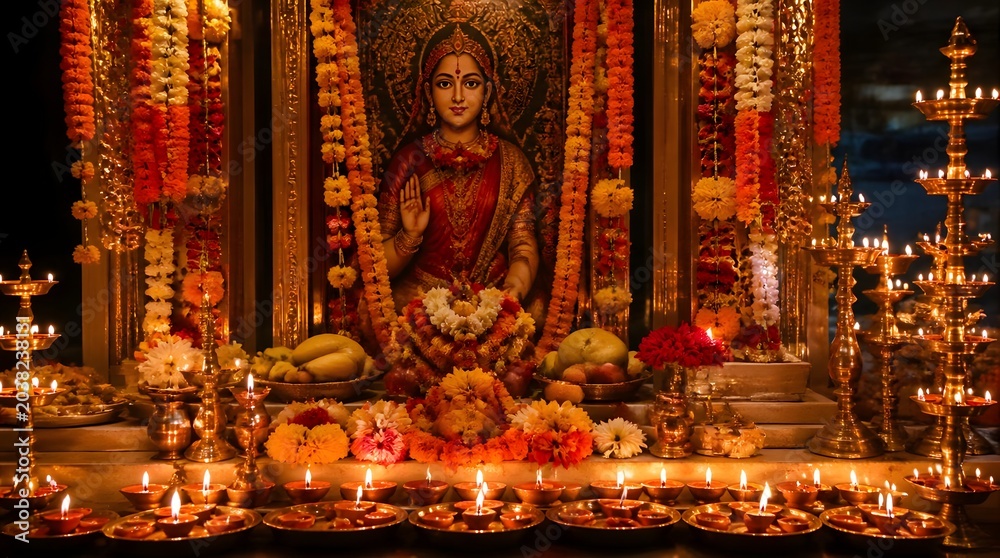Fototapeta premium Hindu altar for Mangala Gauri Vrat with oil lamps and flower garlands for Goddess Parvati puja during Shravan.