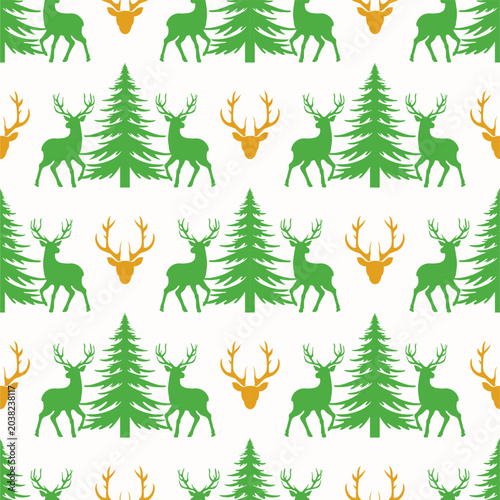 Deer and Pine Tree Seamless Pattern for Winter Holiday Designs
Description: Seamless winter pattern with green deer silhouettes, pine trees, and golden antlers on a clean background. Ideal for Christm