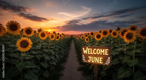 Golden sunset over mountain forest with welcome sign June.