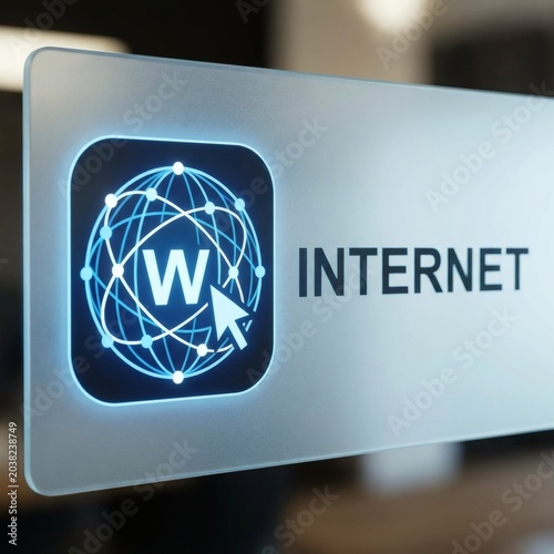 Internet Access Icon: A glowing blue icon representing global internet connectivity, displayed on a modern interface next to the word INTERNET.
