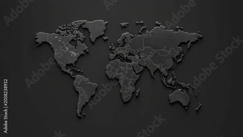 Minimalist dark black world map silhouette with textured continental details for professional design projects.