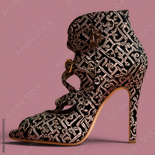 Luxury High-Heeled Peep-Toe Booties with Intricate Rose Gold Pattern and Buckle Details on a Pink Background