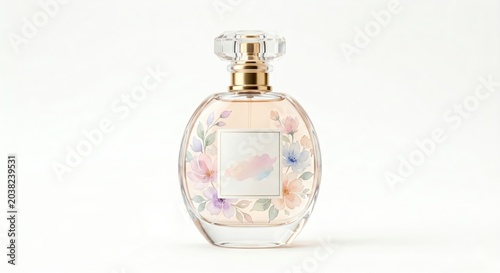 Floral perfume bottle with gold cap on white background, watercolor