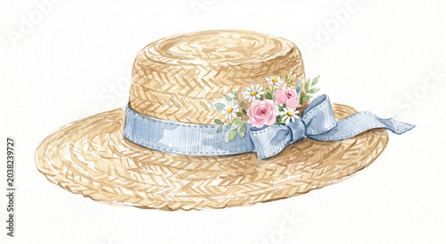 A watercolored classic summer straw hat with a brown ribbon is woven in a wicker style and isolated on a white background as a fashion clothing accessory for sun protection at the beach