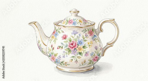 Teapot with floral pattern, white background ceramic